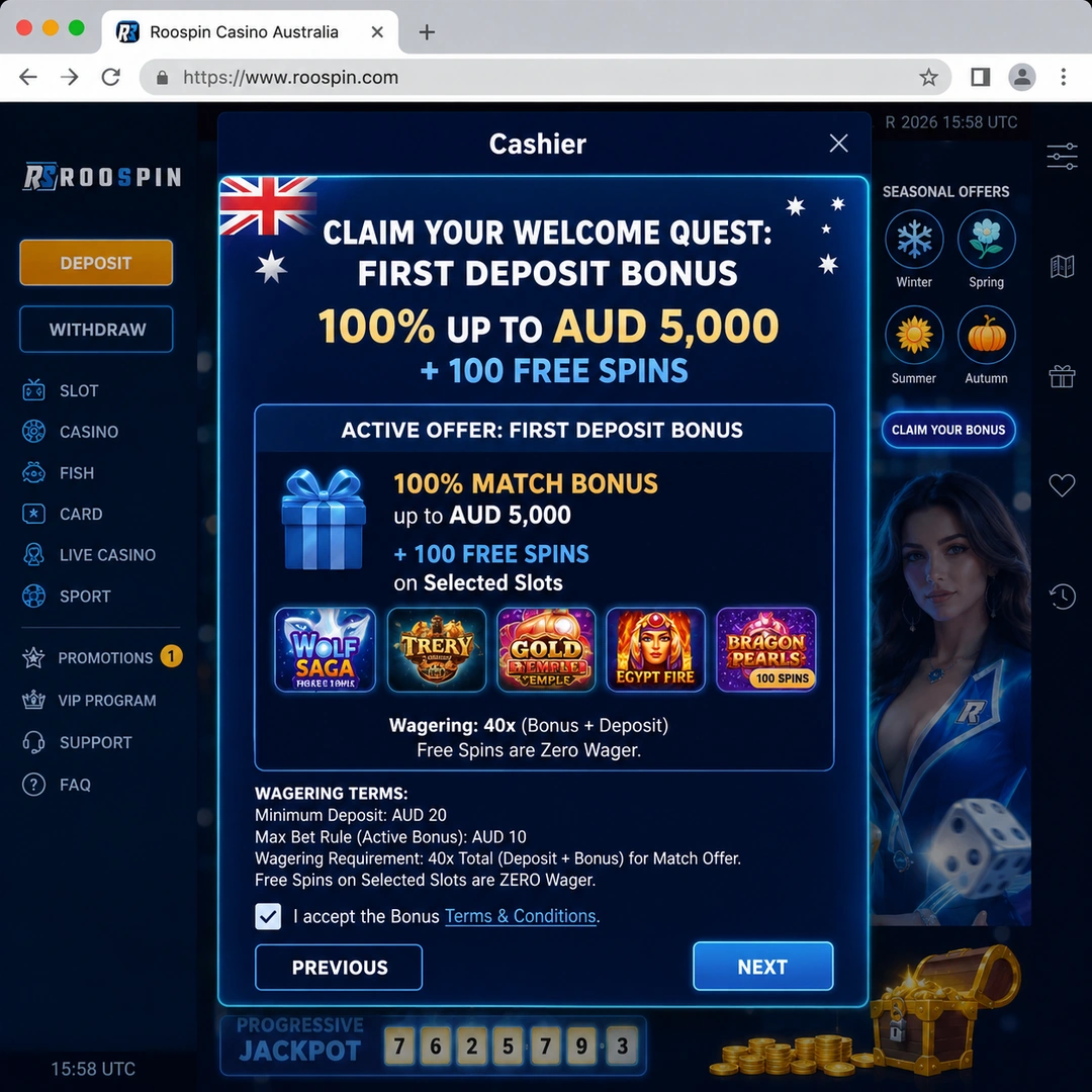 Roospin cashier showing the first-deposit 125 percent match up to A$1,500 with 20 zero-wager free spins on Dragon Pearls, 35x wagering terms at the foot.