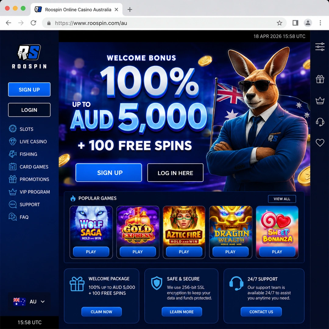 Roospin Casino homepage open in Chrome on 18 June 2026, showing the A$7,500 welcome banner and the main navigation.