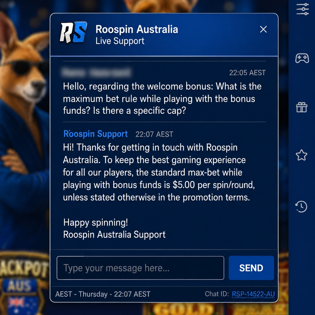 Roospin live-chat transcript at 22:07 AEST on a Thursday: a bonus max-bet question sent 22:05, agent reply 22:07, player name redacted.