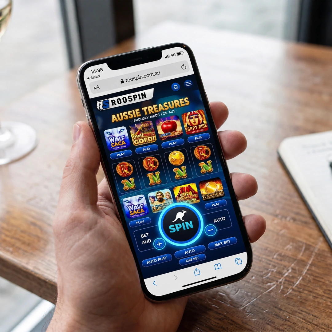 An iPhone 13 in hand running the Roospin mobile casino in Safari over 4G, a pokie spinning in the browser; the status bar shows network and time.