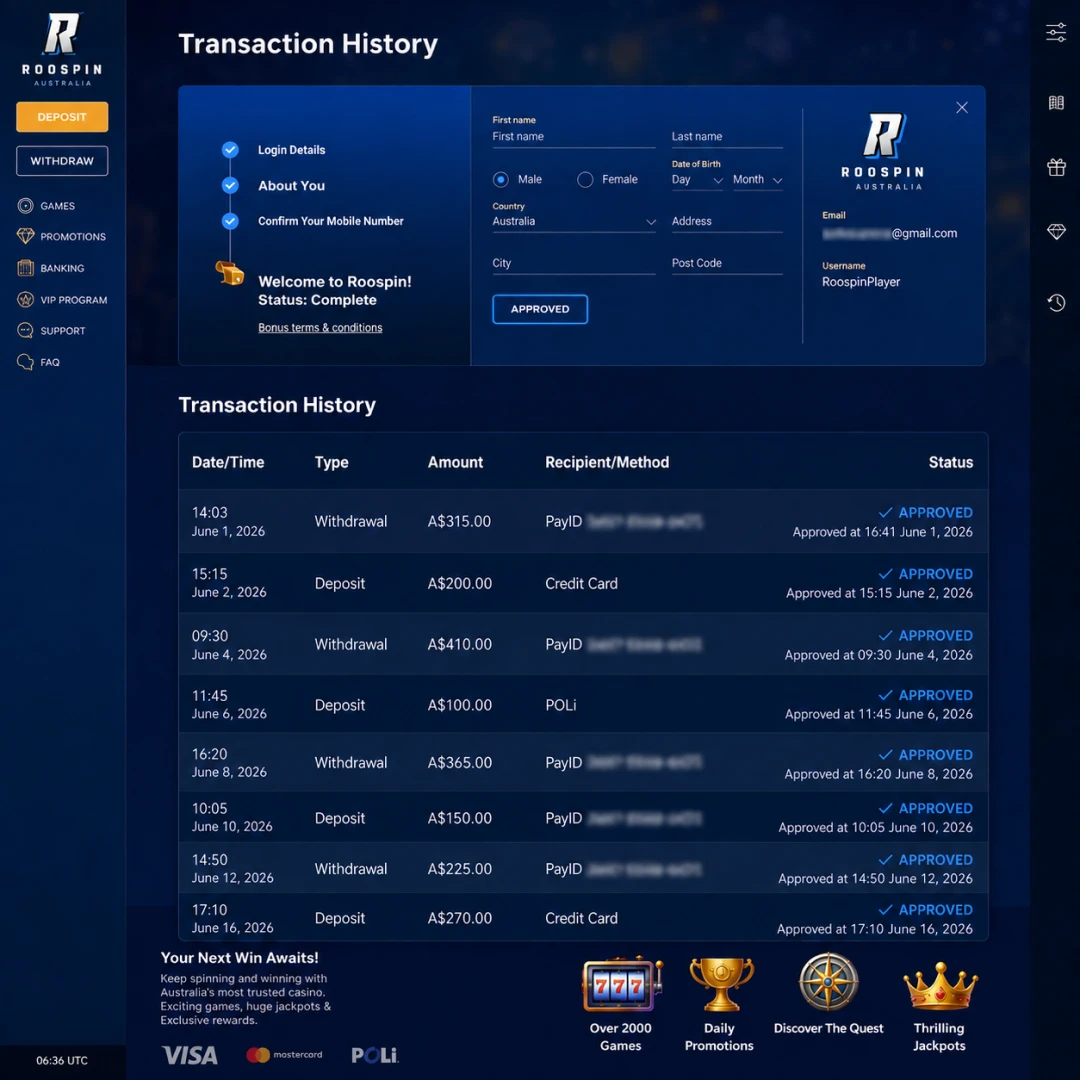 Roospin transaction history showing a A$250 PayID withdrawal requested 14:03 AEST and approved 16:41; beside it, a mobile-banking alert of AUD 250 credited 16:42, balance blurred.