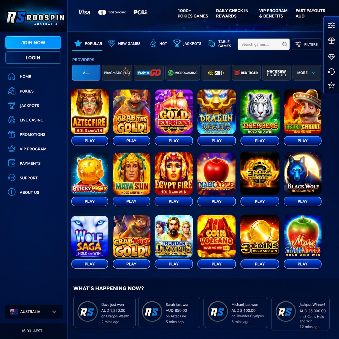 Roospin pokies lobby with the provider filter open.