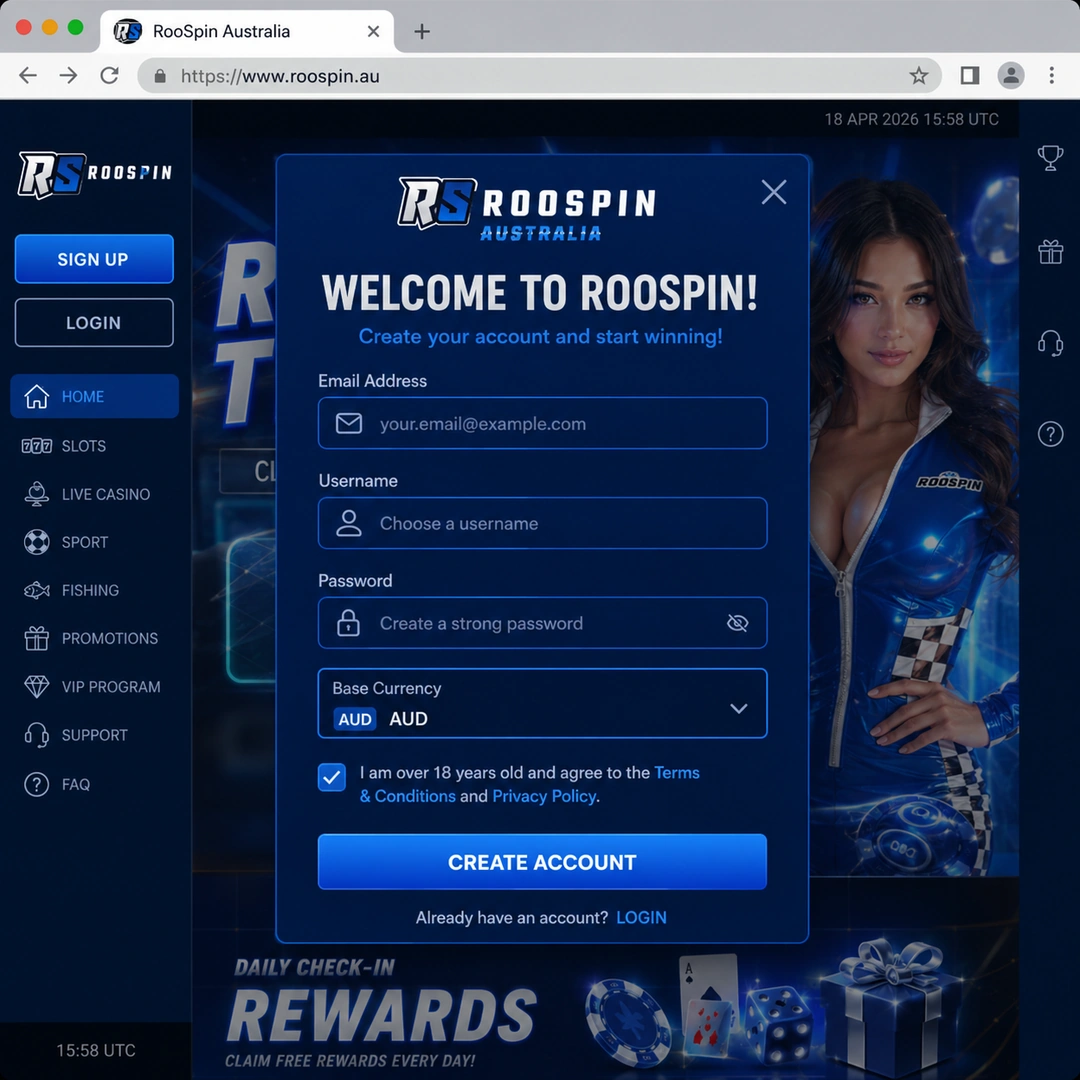 Roospin sign-up form with AUD as base currency and the 18+ age confirmation checkbox; personal data fields redacted.